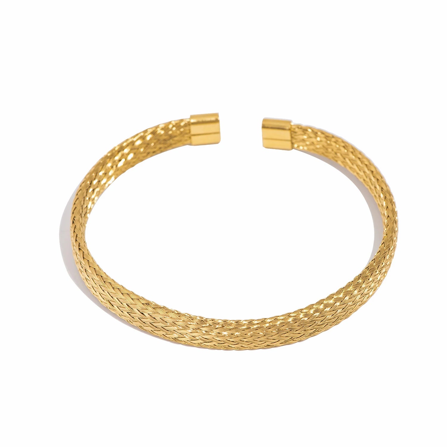 Gold-tone woven open bangle bracelet with round-braid texture and flat clasp ends