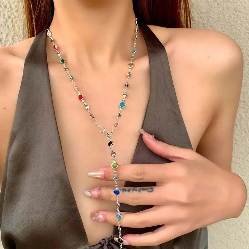 Colorful Long Tassel Rhinestone Choker Necklace | Boho Crystal Zircon Statement Necklace for Women