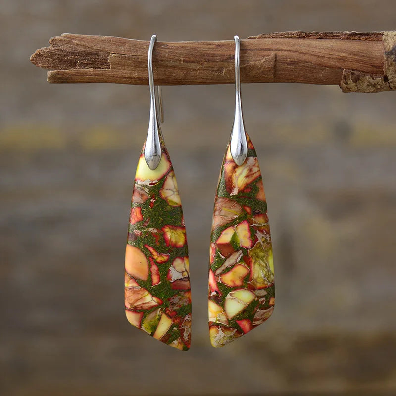 Silver-tone natural stone drop earrings with red, yellow, and green mottled panels