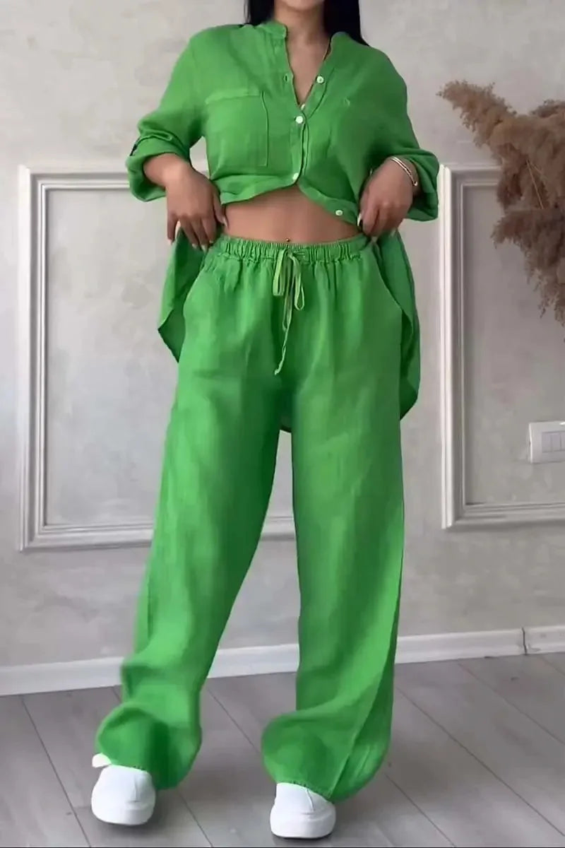 Women's linen button shirt & drawstring pants set, bright green, drawstring waist, relaxed fit.