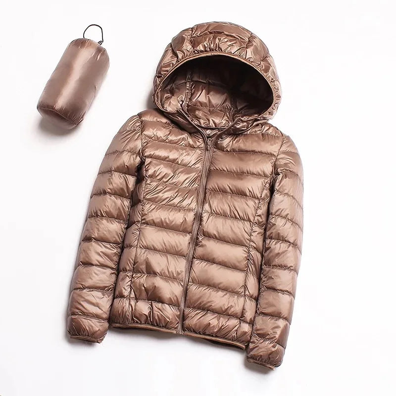 Women’s short hooded puffer jacket, metallic taupe, zip-front