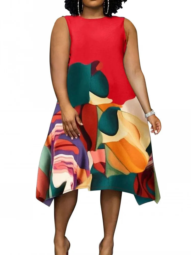 Red sleeveless A-line midi dress with colorful abstract print, flared hem