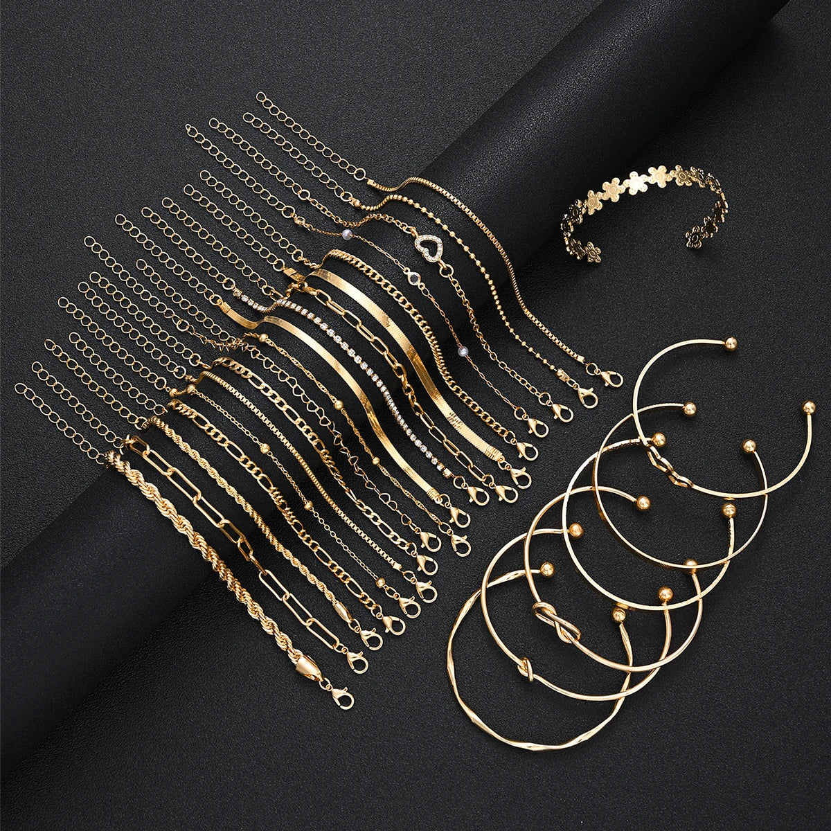 Gold-tone heart pearl zircon charm bracelet set with multiple chain and cuff bangles