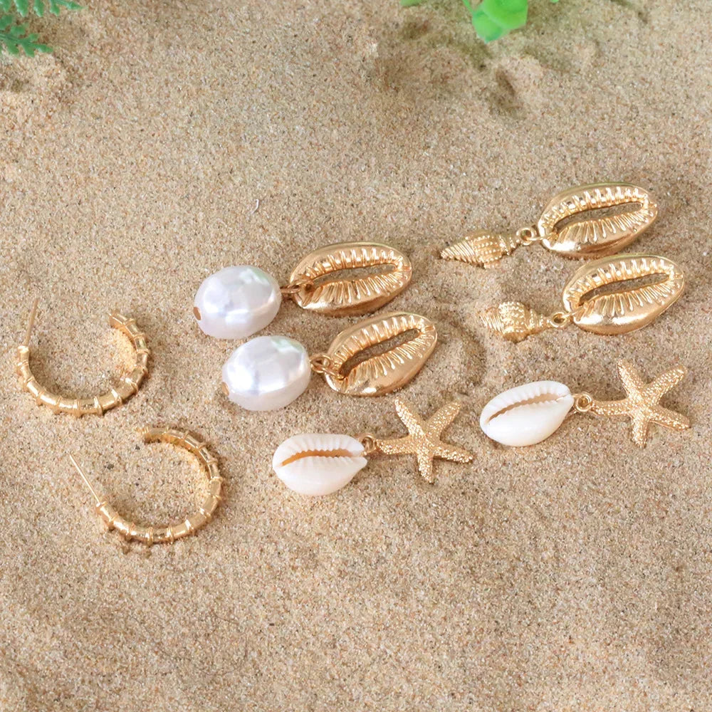 4-Pair Boho Shell & Starfish Dangle Earring Set | Summer Beach Pearl Conch Drop Earrings for Women