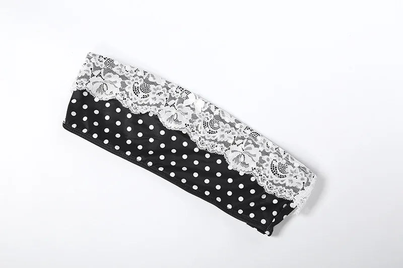 Black polka dot bandeau crop top with wide white lace trim