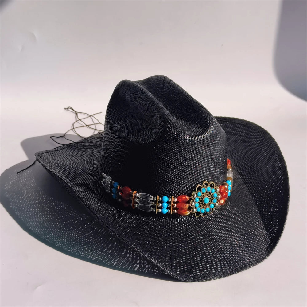 Western Straw Cowboy Hat with Turquoise Bolo Tie