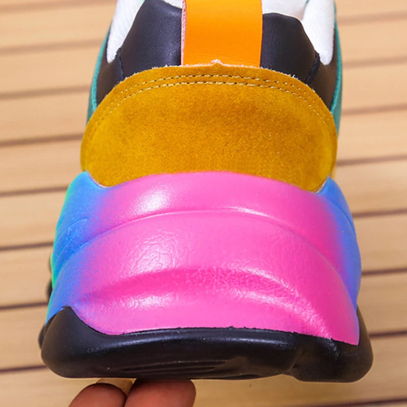 Women's platform sneakers, heel close-up, yellow back with pink and blue accents