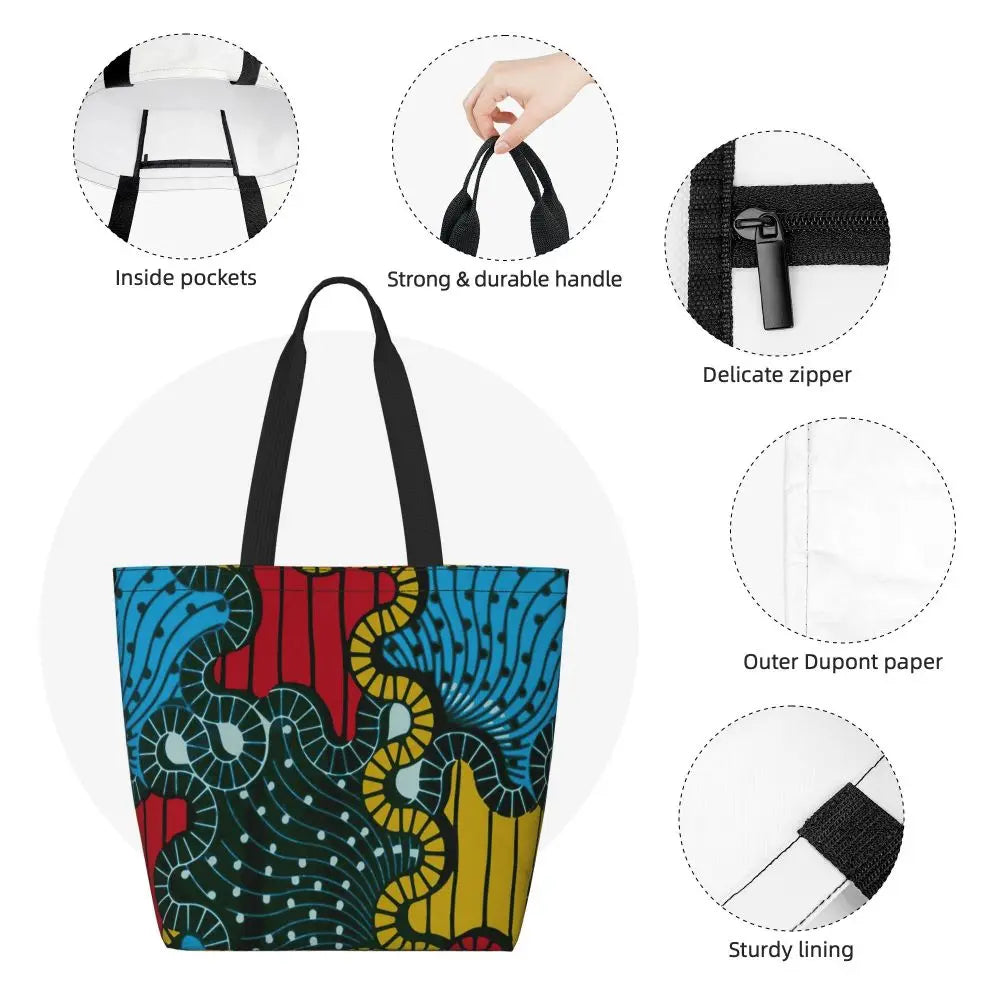 African Ankara Print Canvas Tote Bag | Washable Bohemian Shoulder Shopper