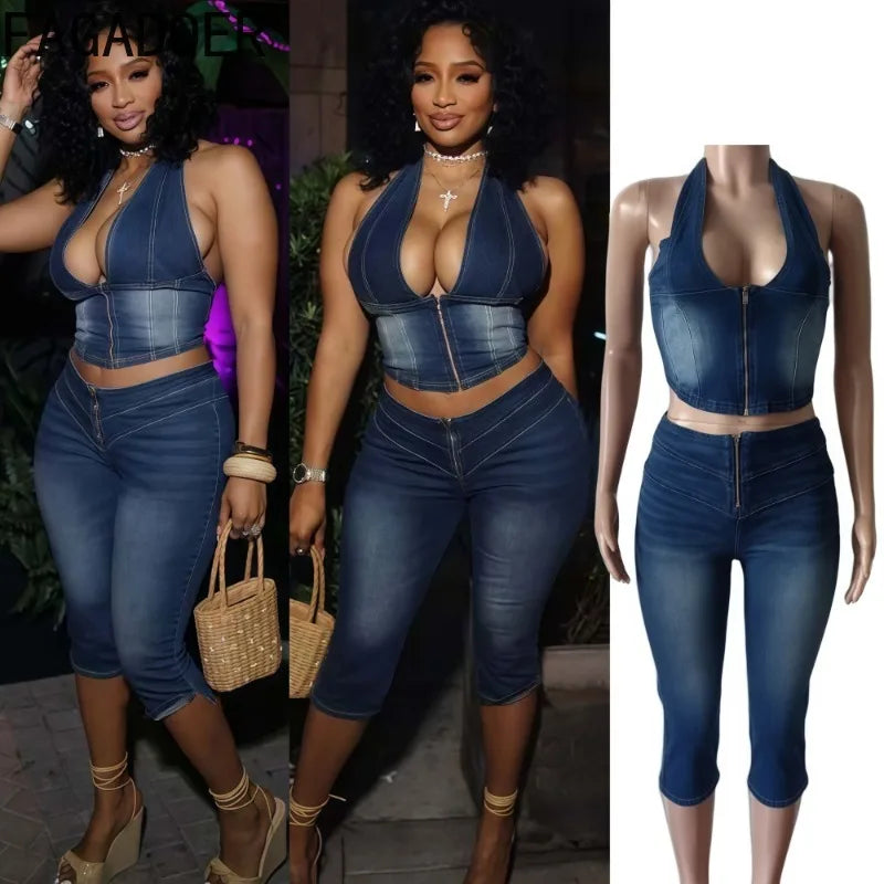 Y2K Denim Halter Crop Top & Jeans 2-Piece Set | Backless Streetwear for Women