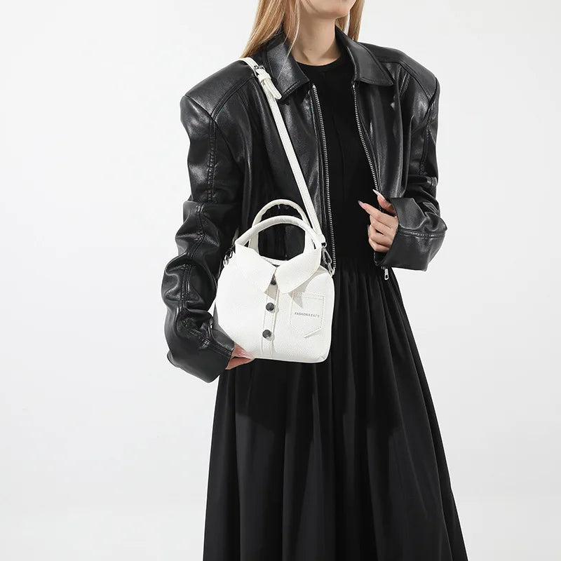 Black square PU leather crossbody bag with top handles and front snap pocket