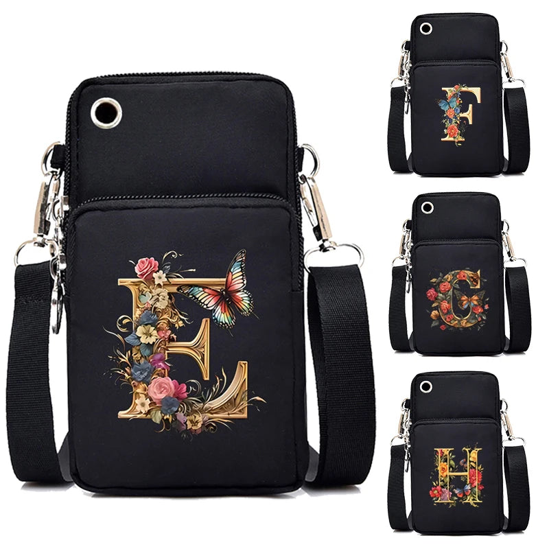 Black mini crossbody bag with gold L monogram and floral butterfly print, crossbody strap