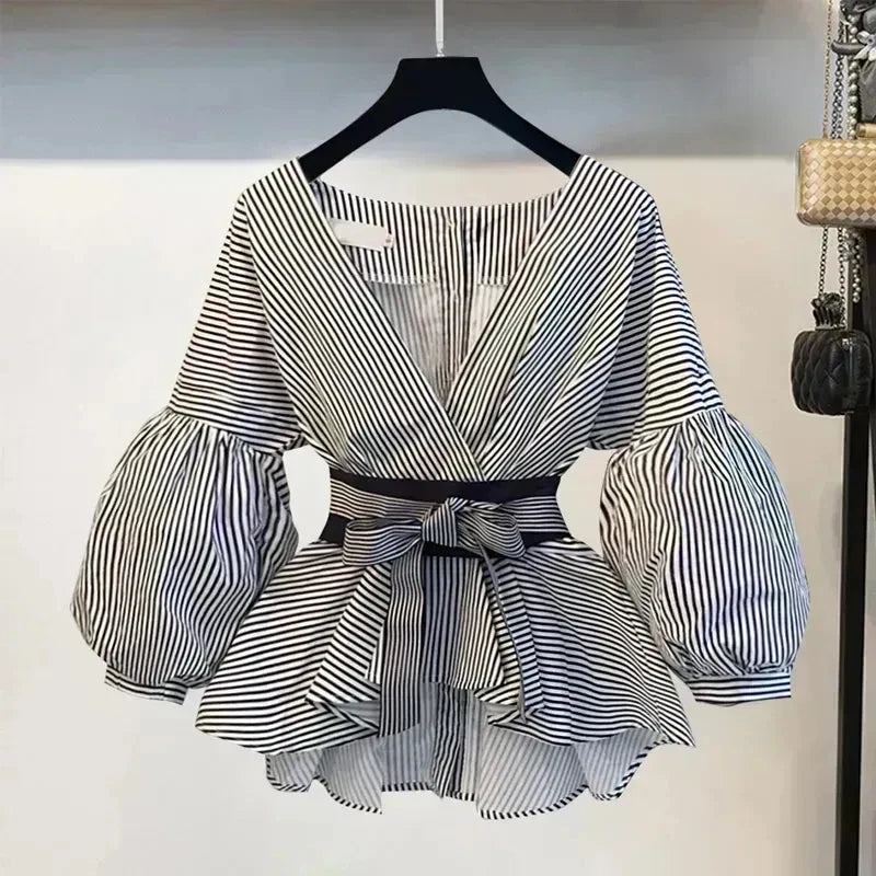 Striped V-neck chiffon top with puff sleeves and waist bow detail