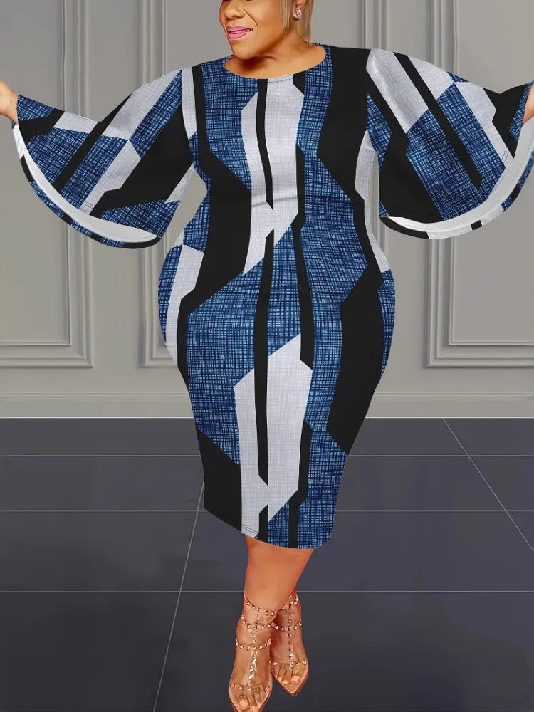 Plus size midi dress, loose fit O-neck, empire waist, blue white and black striped print