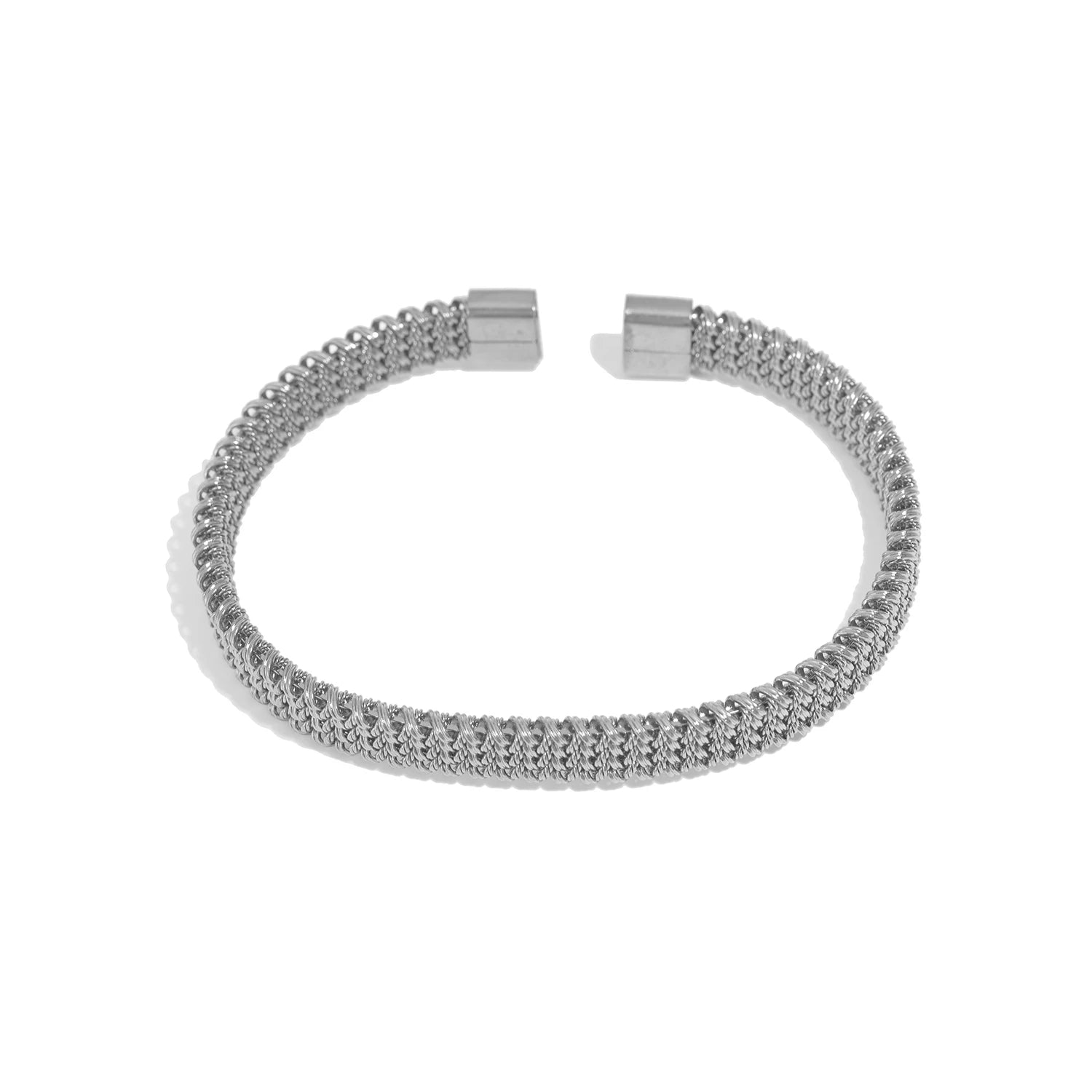 Silver open-end woven bracelet with textured mesh and square end caps