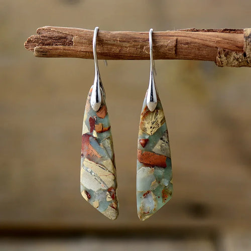 Silver-tone natural stone drop earrings with cream, blue, and earthy rust mosaic panels