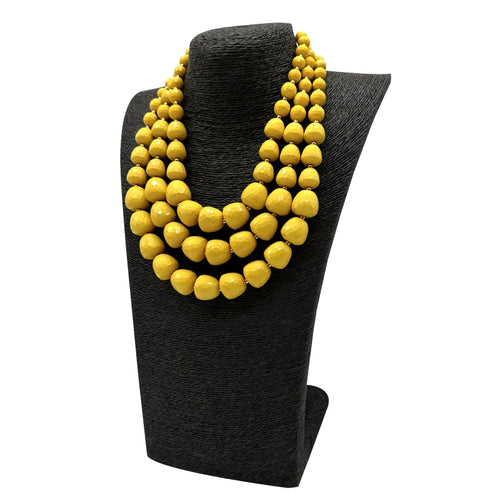Multilayer statement necklace with large yellow beads, draped layered strands
