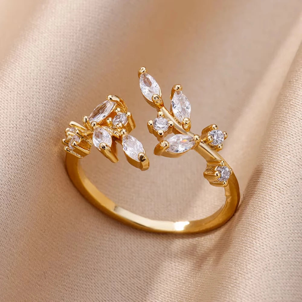 Zircon Geometric Ring Collection | 18K Gold-Plated Adjustable Stainless Steel Rings for Women