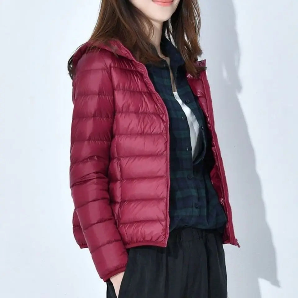 Women’s short puffer jacket, dark maroon, zip-front and raised stand collar