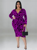 Women's plus size V-neck bodycon dress, bright purple leopard print, long sleeves