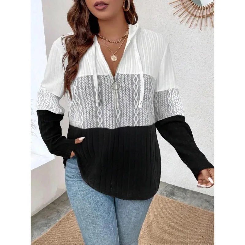 Colorblock hooded zip-up top with drawstring, long sleeves, white and black knit