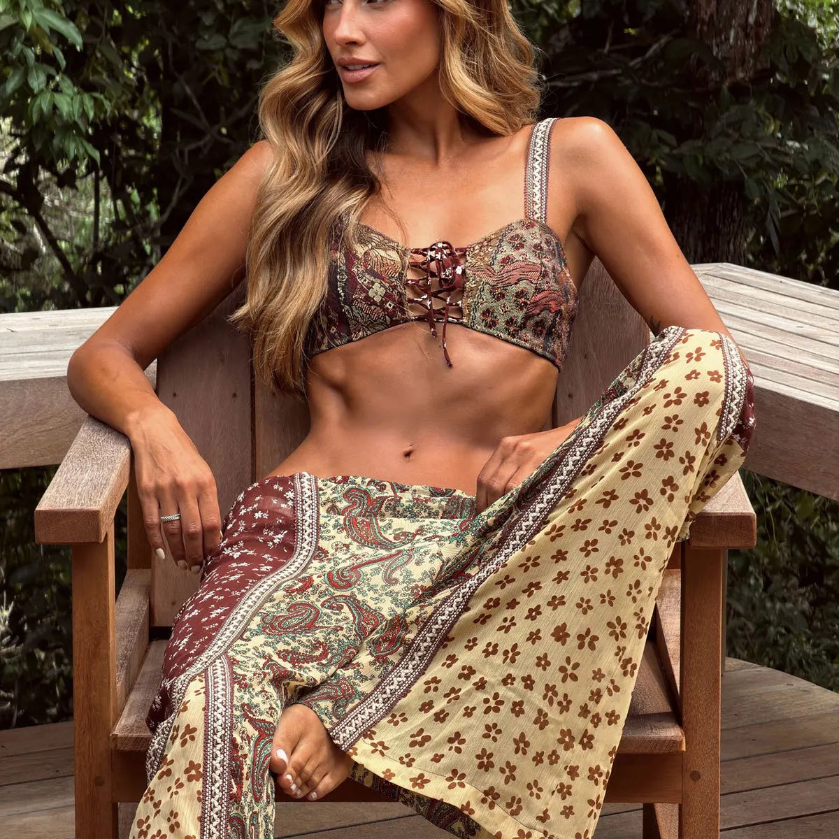 Women's Printed Strapped Bikini & Pants Set | 3-Piece Swimsuit with Cover-Up Pants | S–L
