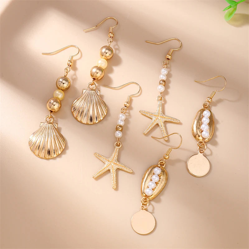 Starfish Shell Drop Earrings Set | 3 Pairs Handmade Beach Jewelry