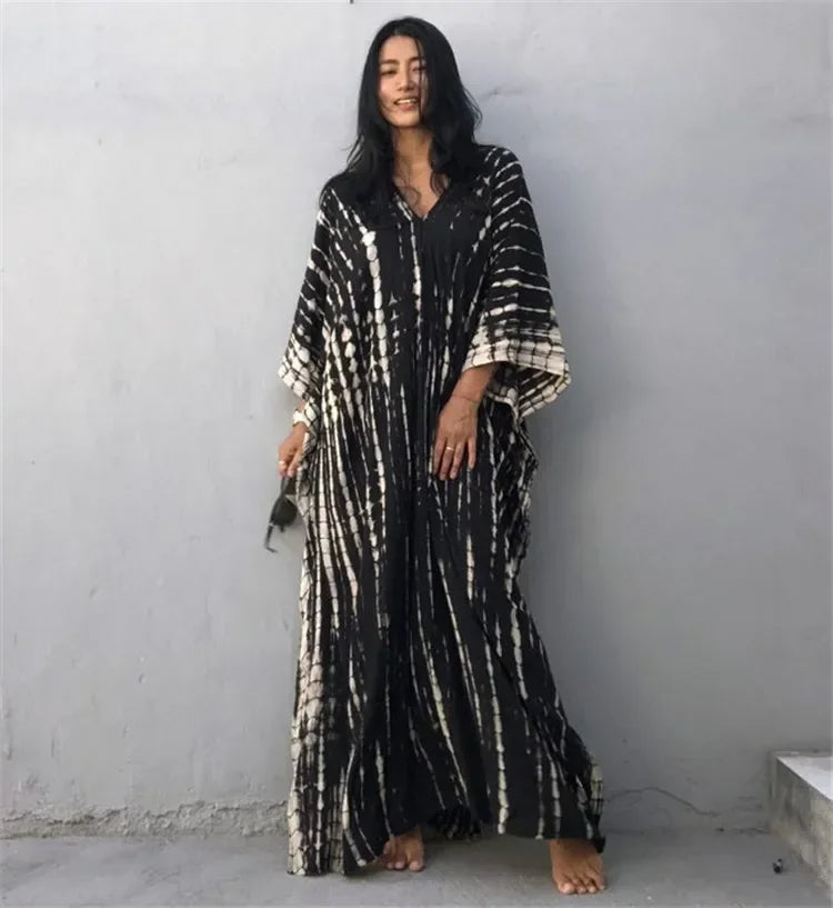 Maxi kaftan dress, black-and-white striped tie-dye look, V-neck loose kimono sleeves