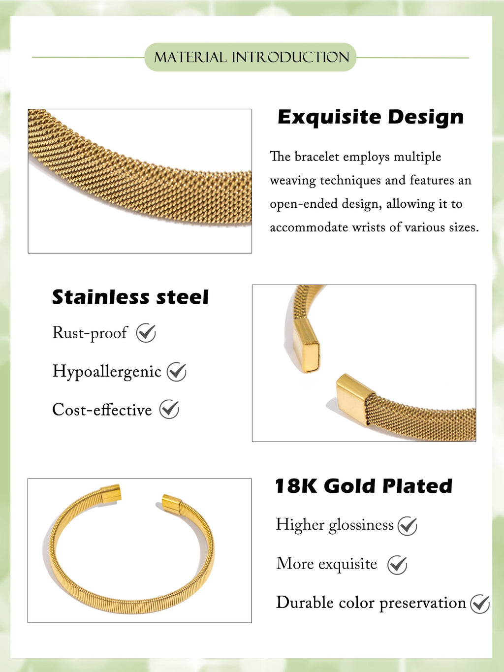 Gold plated open-end woven stainless steel bangle with square end caps