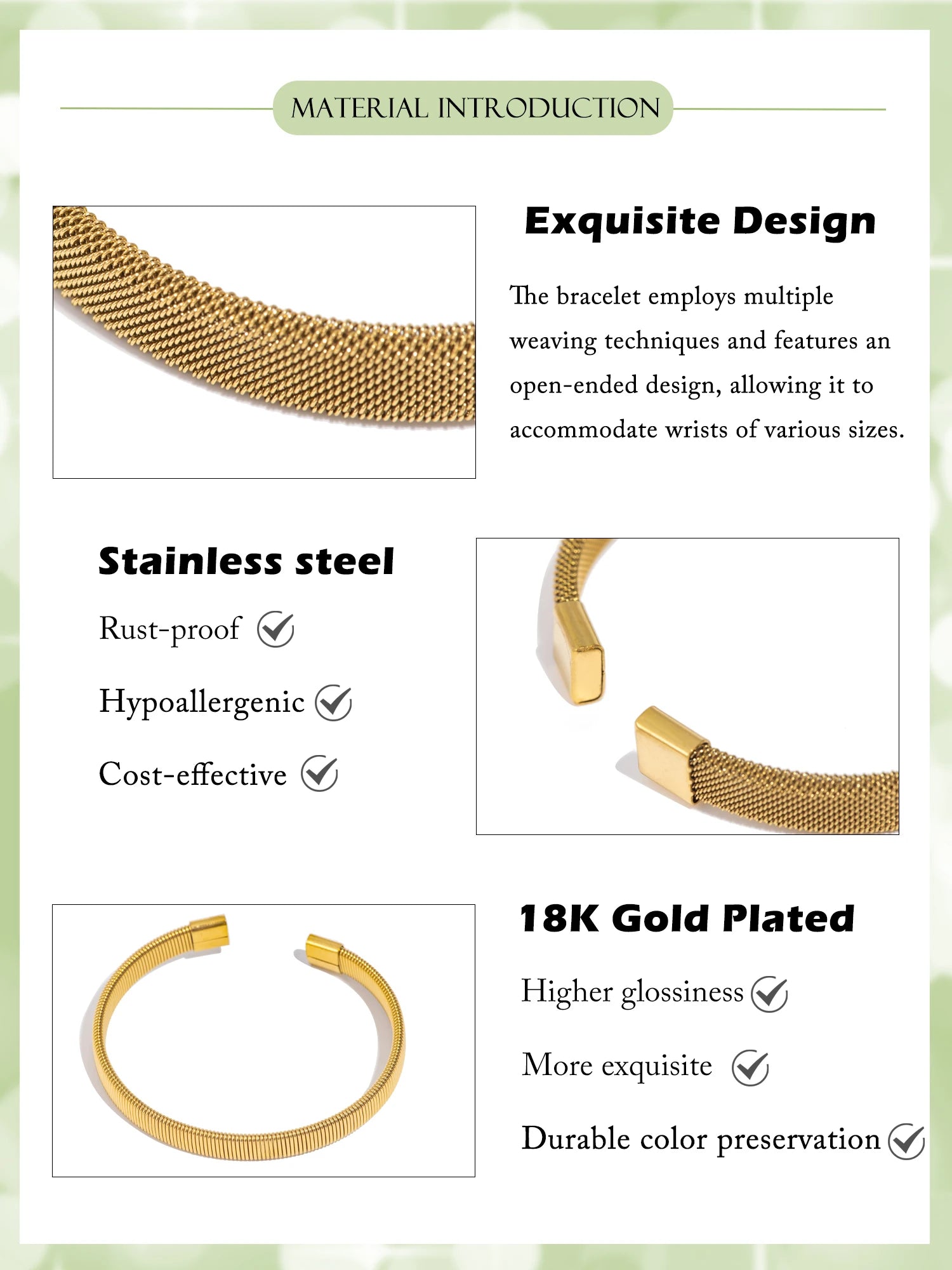 Gold plated open-end woven stainless steel bangle with square end caps