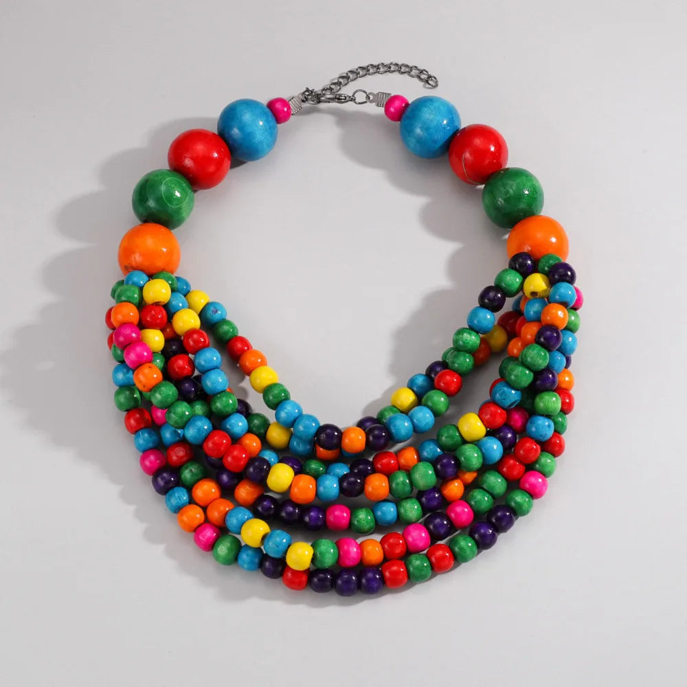 Handmade Multi-Layer Wooden Beaded Necklace | Boho African Ethnic Choker for Women