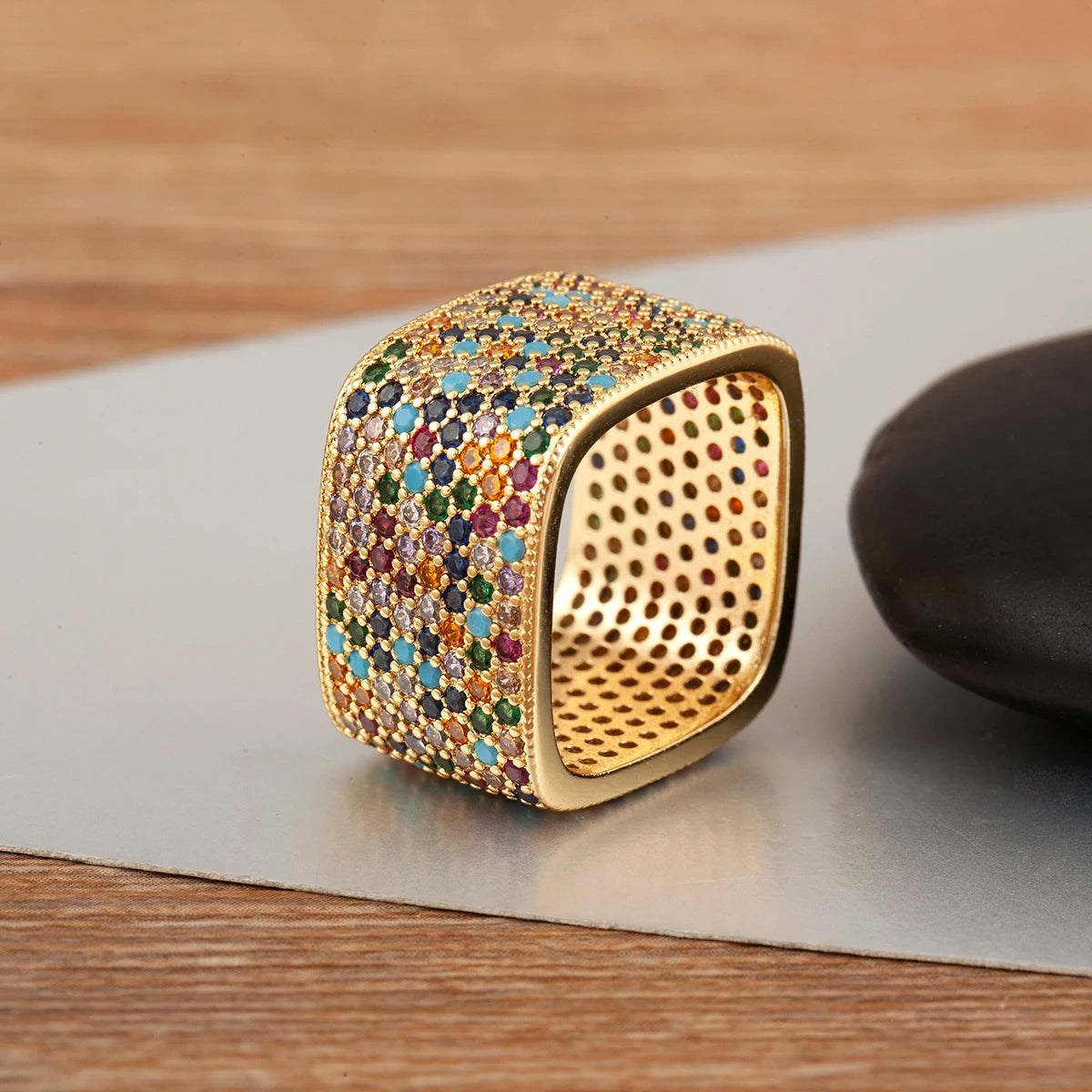 Square open adjustable rhinestone ring with multicolor mosaic stones and gold-tone interior