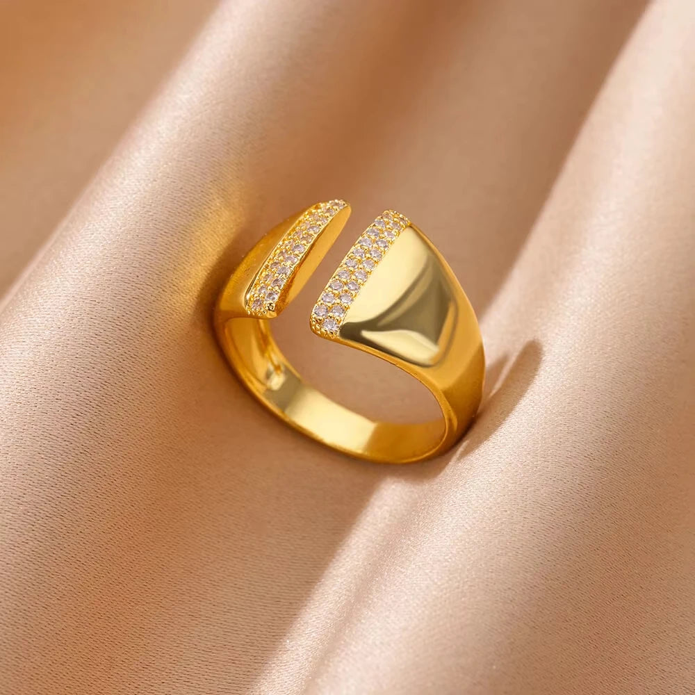 Zircon Geometric Ring Collection | 18K Gold-Plated Adjustable Stainless Steel Rings for Women