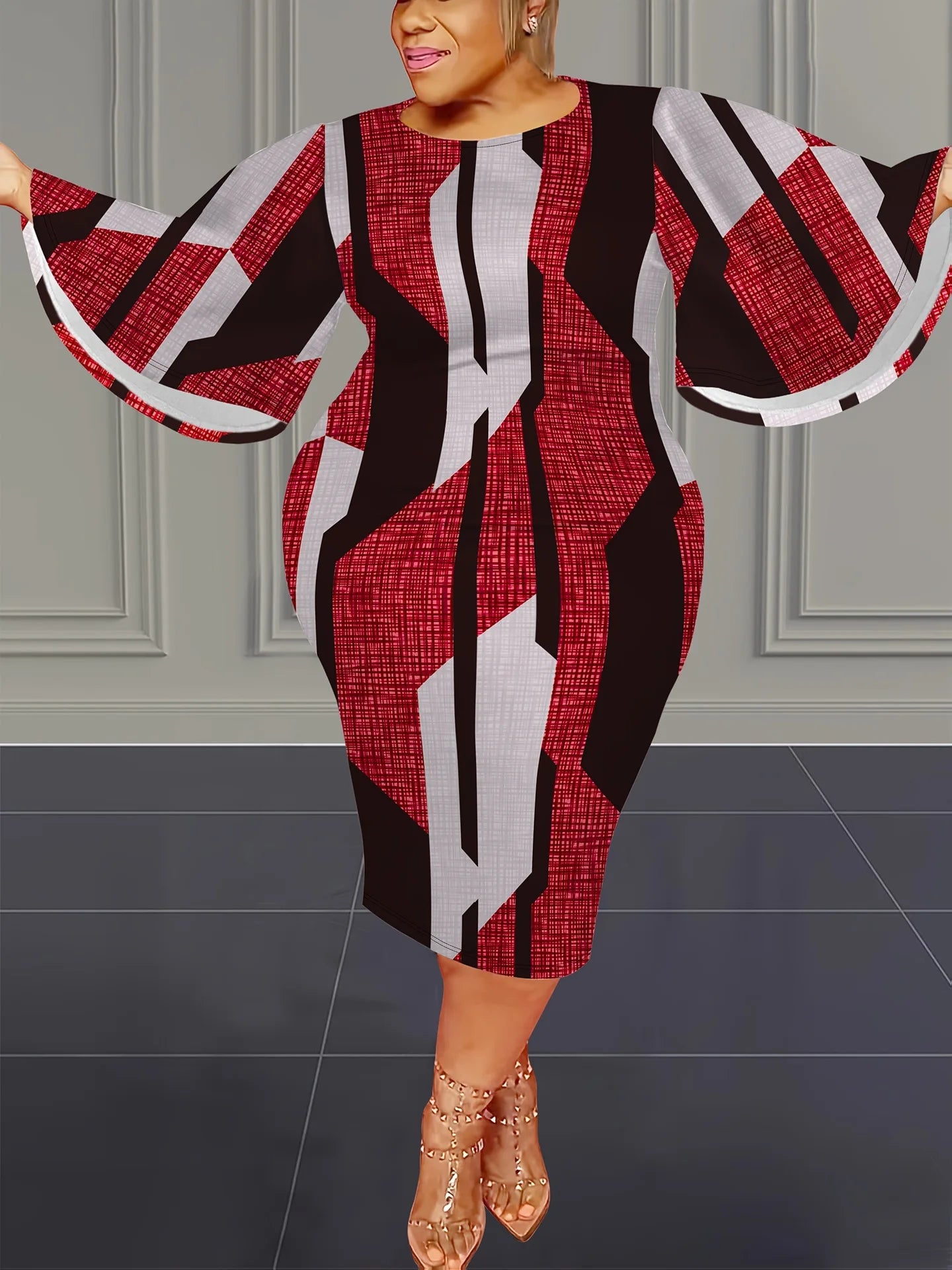 Plus size midi dress, loose fit O-neck, empire waist, red white and black striped print