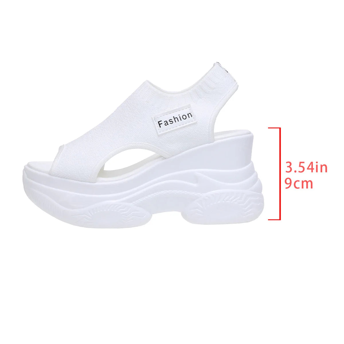 White peep-toe platform wedge sandals with stretchy knit upper and cushioned sole