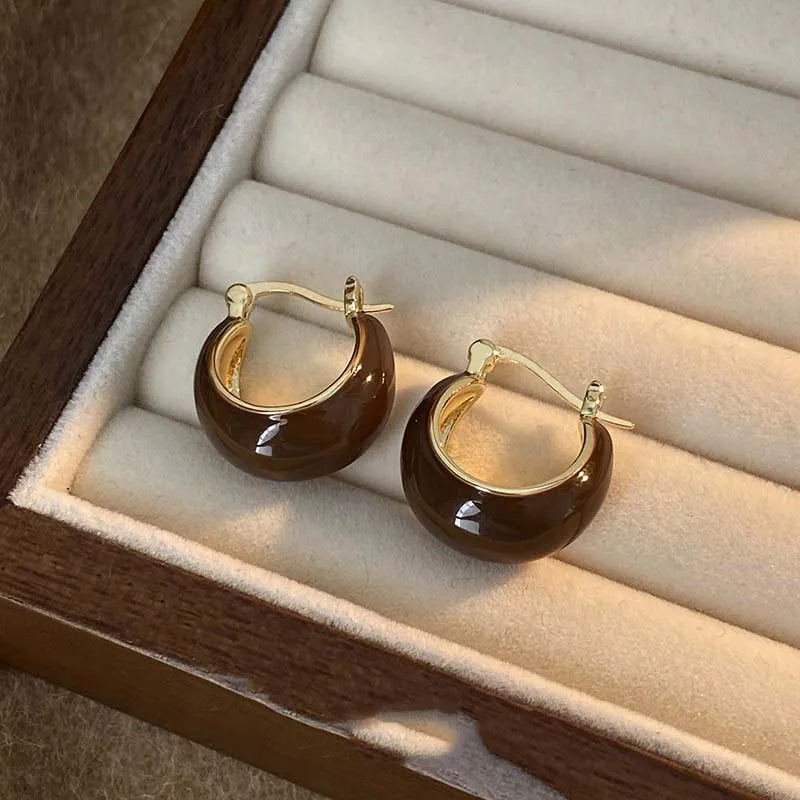 Brown enamel U-shaped hoop earrings with gold-tone rims in a jewelry display box