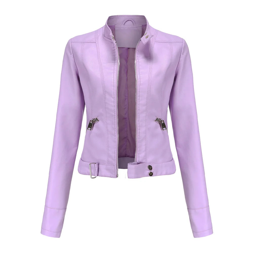 Light purple faux leather zip-up moto jacket with mandarin collar and silver zippers