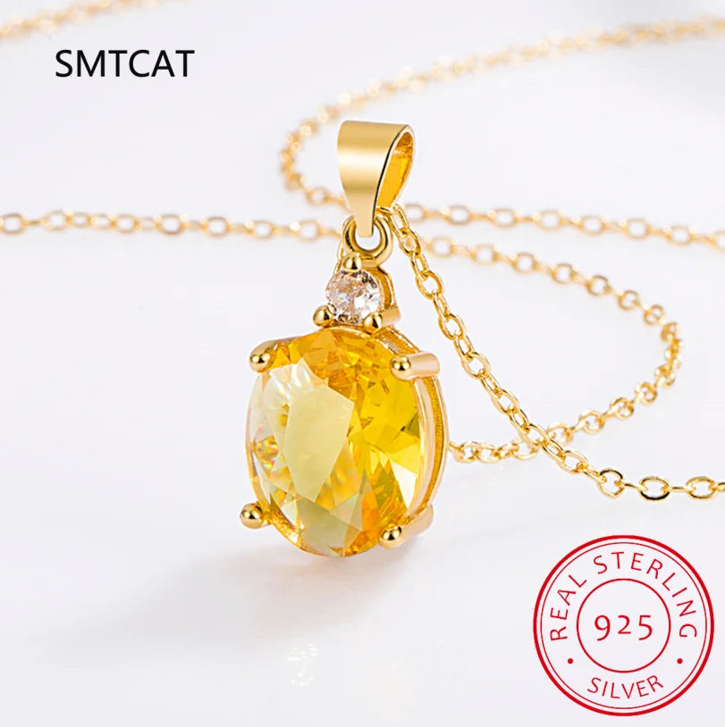 Citrine Pendant Necklace | 925 Sterling Silver Zircon Crystal Necklace for Women