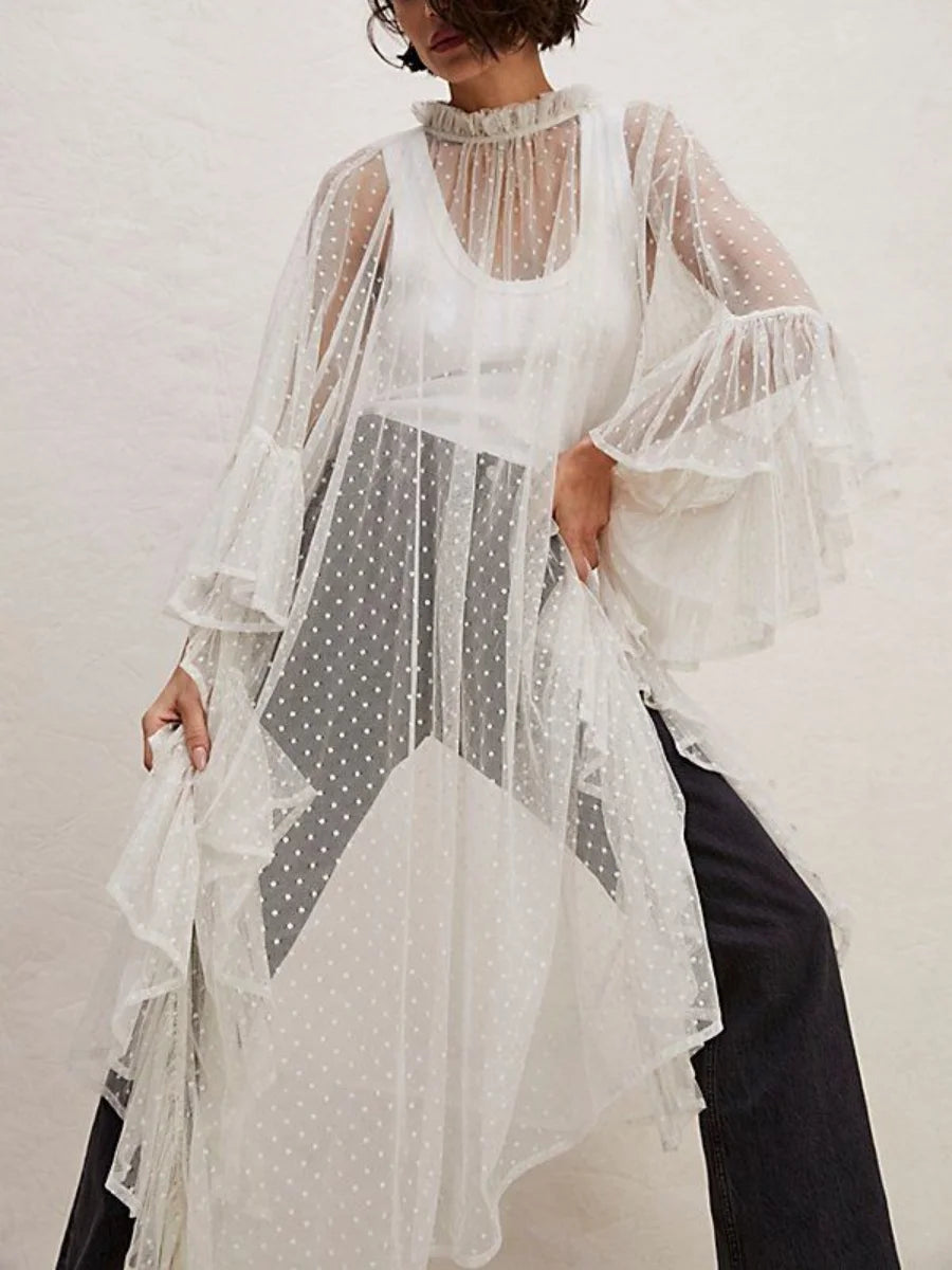 Sheer ruffle-trim poncho cover-up in white, sheer dotted fabric with tiered sleeves