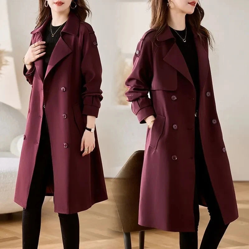 Women’s burgundy double-breasted trench coat with notched lapels and front buttons