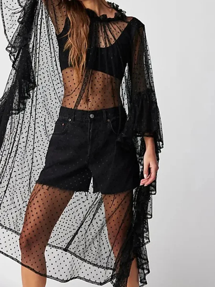 Sheer Ruffle Trim Poncho Cover-Up | Flowy Cape Shawl for Women