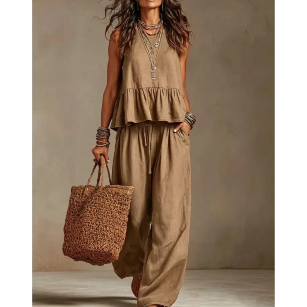 Khaki sleeveless ruffled top and wide-leg trouser set with tiered peplum