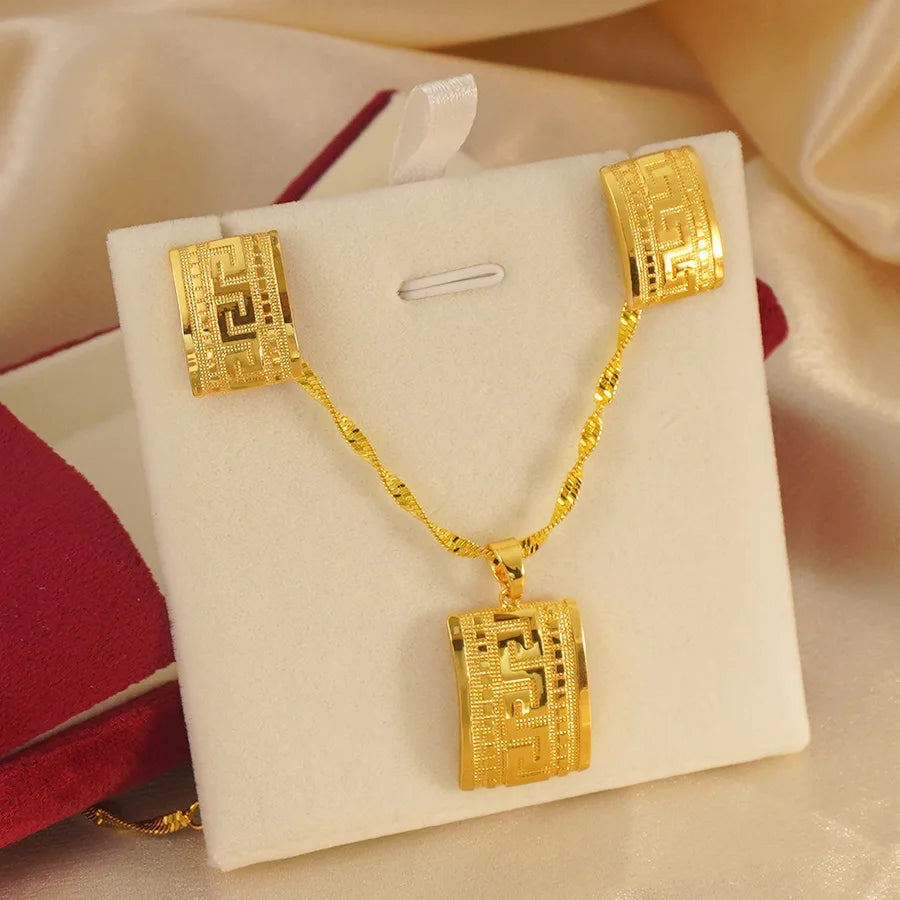 Ethiopian Habesha Gold Jewelry Set | Eritrean Square Pendant Necklace & Earrings for Women