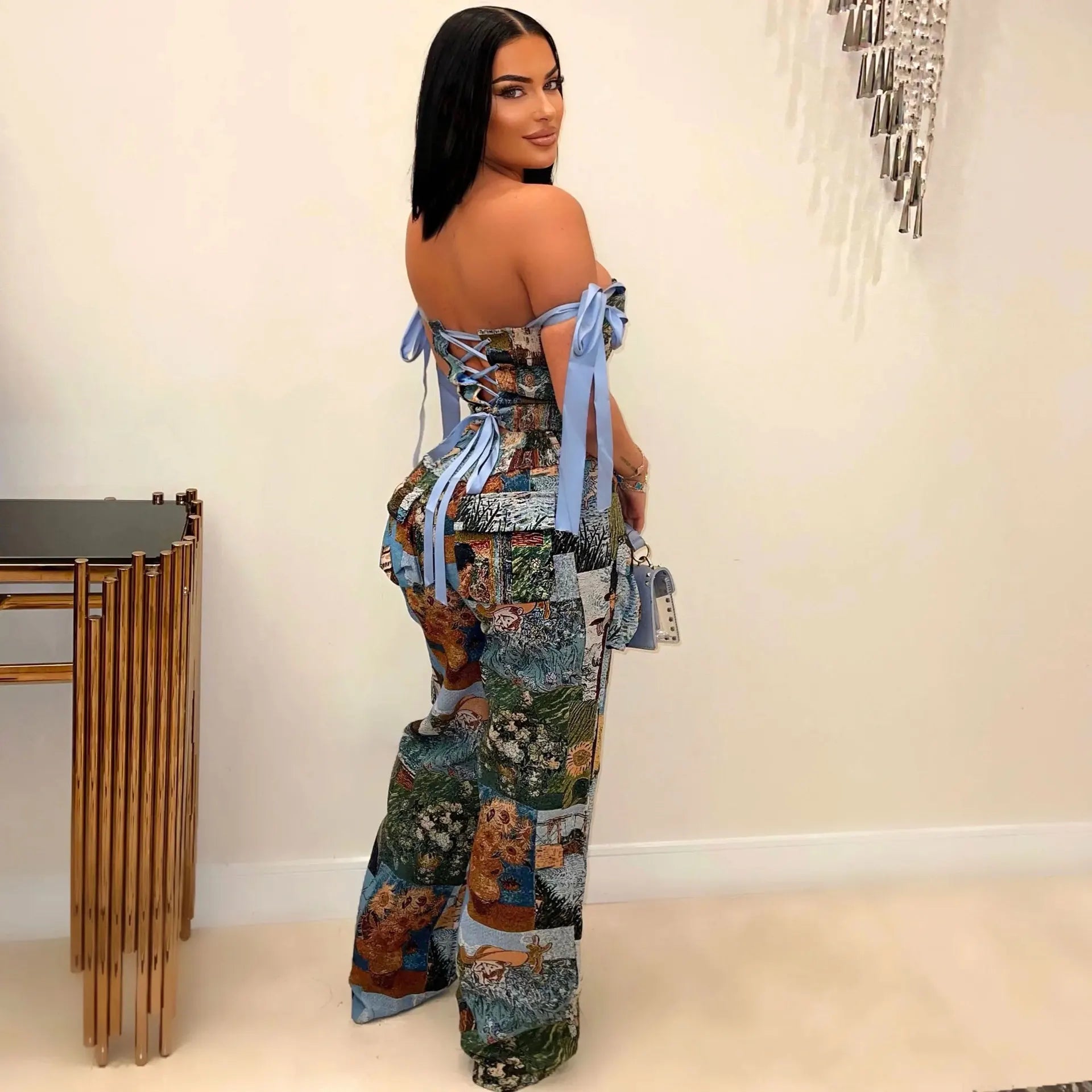 Oil Painting Print Lace-Up Crop Top & Wide-Leg Pants Set