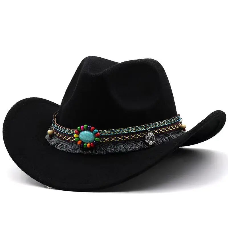 Wool Tassel Belt Western Fedora Hat