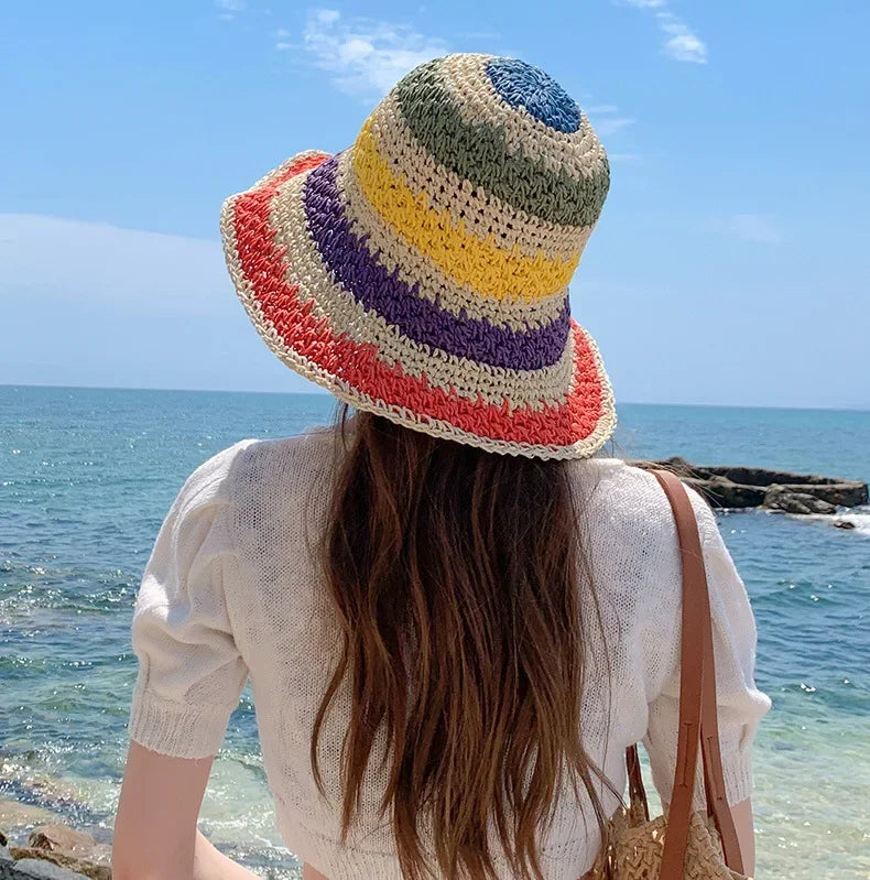 Rainbow Striped Crochet Bucket Hat | Boho Beach Sun Hat