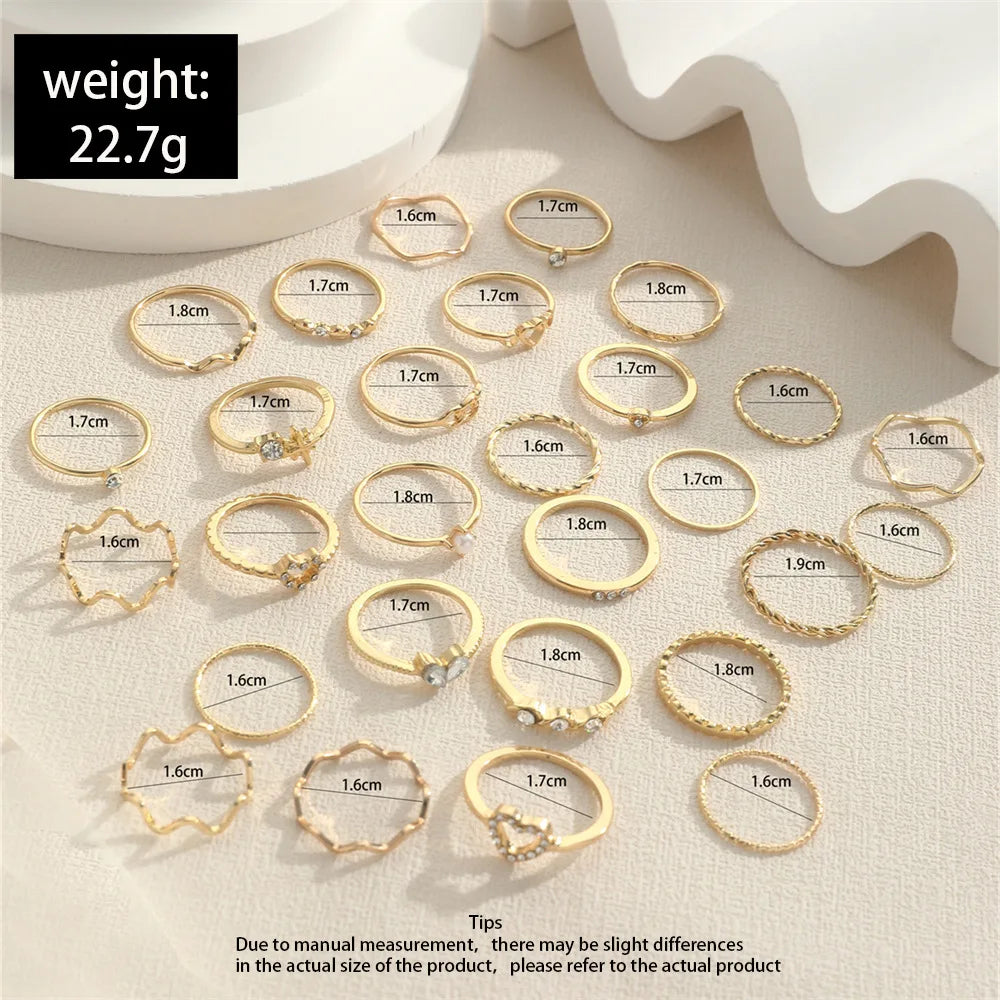 Crystal Wave & Heart Ring Set | Bohemian Stackable Rings for Women