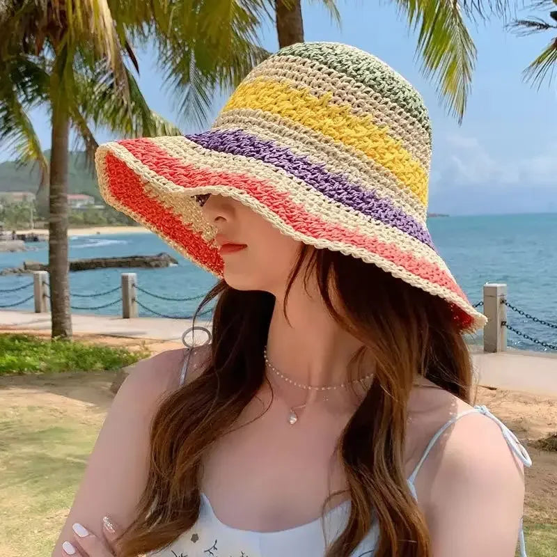 Rainbow Striped Crochet Bucket Hat | Boho Beach Sun Hat