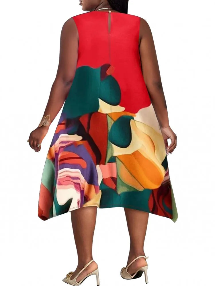 Red sleeveless A-line midi dress with colorful abstract floral print, front view