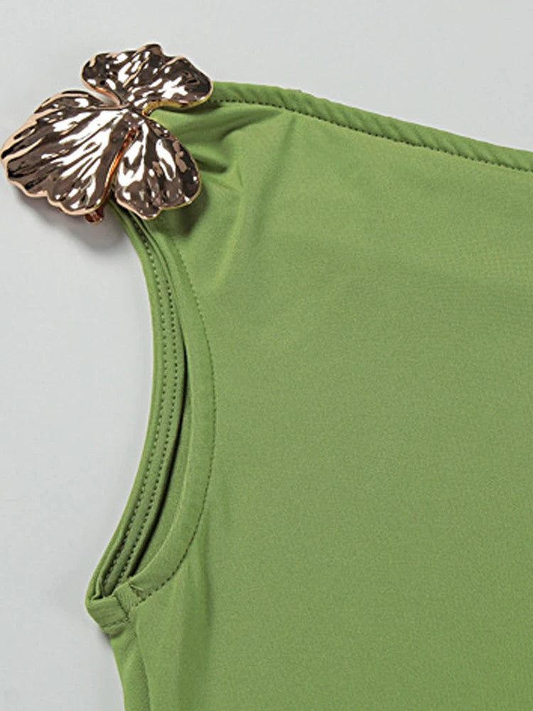 Green cropped top neckline with metallic flower sequin brooch detail