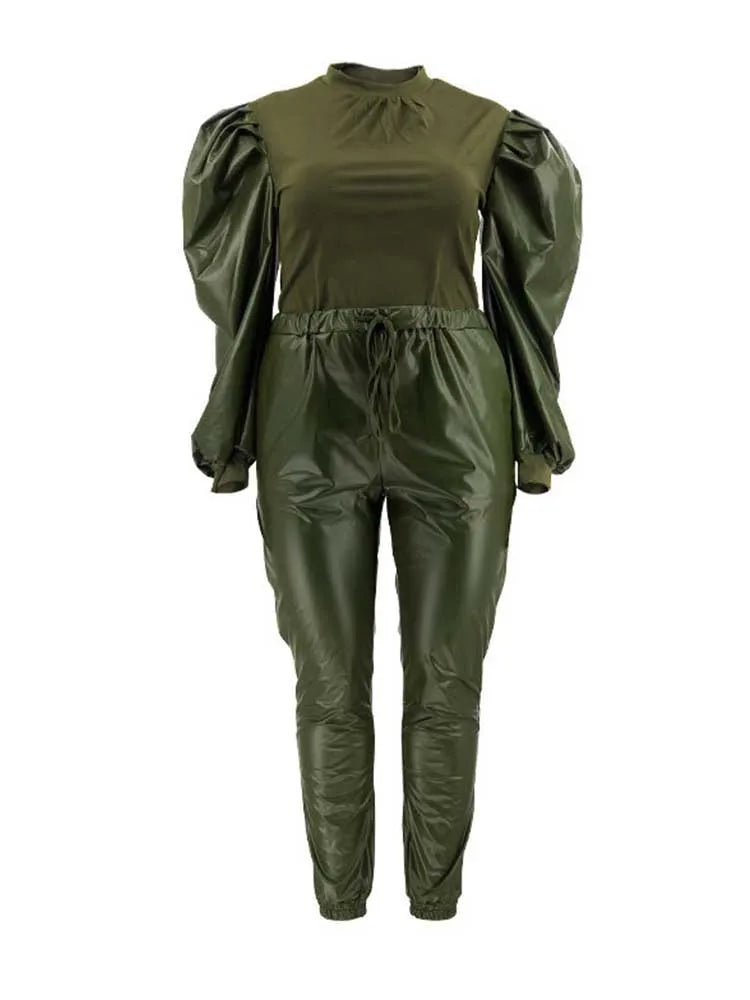 Women's olive green puff-sleeve knit top and faux leather pants set with gathered waist